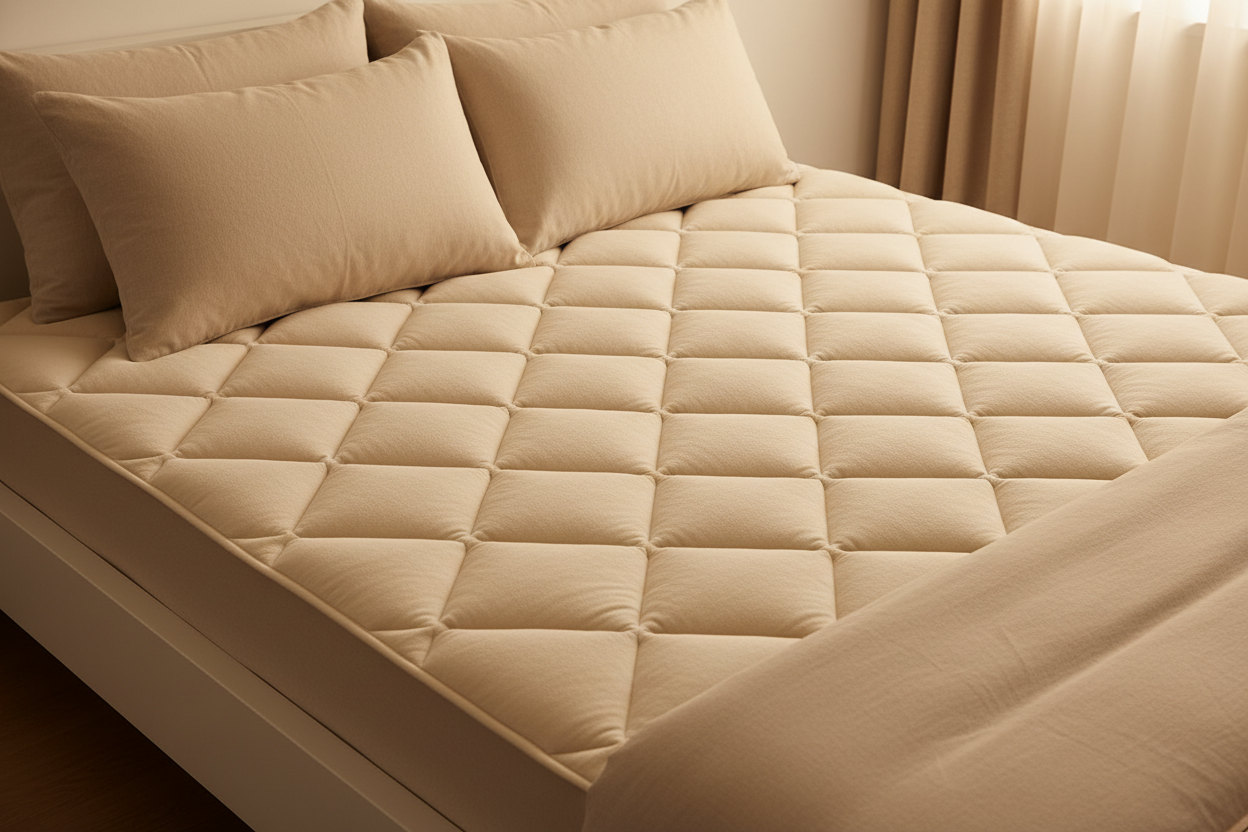 スライド1：STEP1 土台で温める 敷パッド
・メインコピー（見出し）：冷えは下から ぬく活の土台は敷パッド
・サブコピー：吸湿発熱で寝床の温度を底上げ 迷ったらここから


上記のてーまにあうように敷パッドの質感アップ＋ベッド俯瞰のどちらかを満たす画像を生成して」