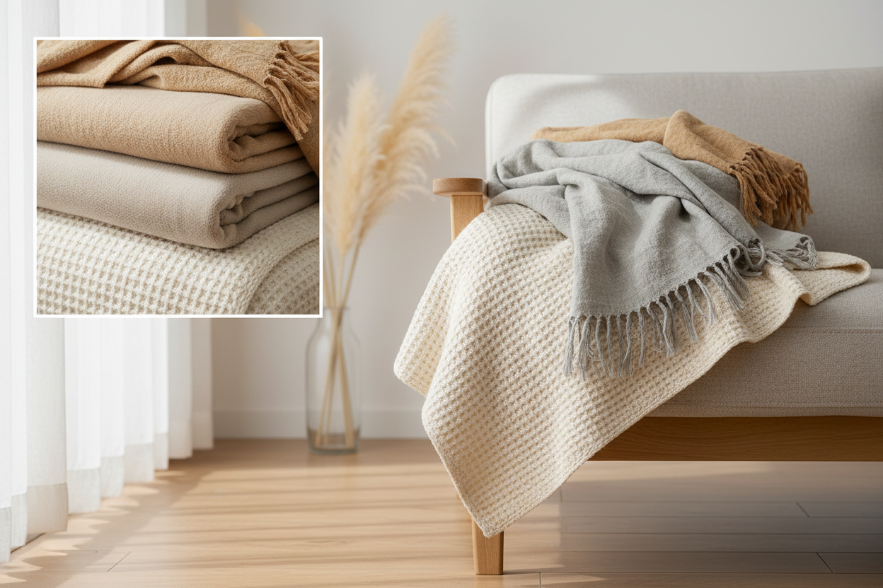 STEP2 重ねて暖かい 毛布 ブランケット
・メインコピー（見出し）：軽く足して体感アップ 毛布とブランケットの重ね
・サブコピー：暖房に頼りすぎない冬支度 家族で使い分けもしやすい
上記のテーマに合うように、重ねた状態が一目で分かる画＋毛足アップを優先の条件を満たす画像を生成して
